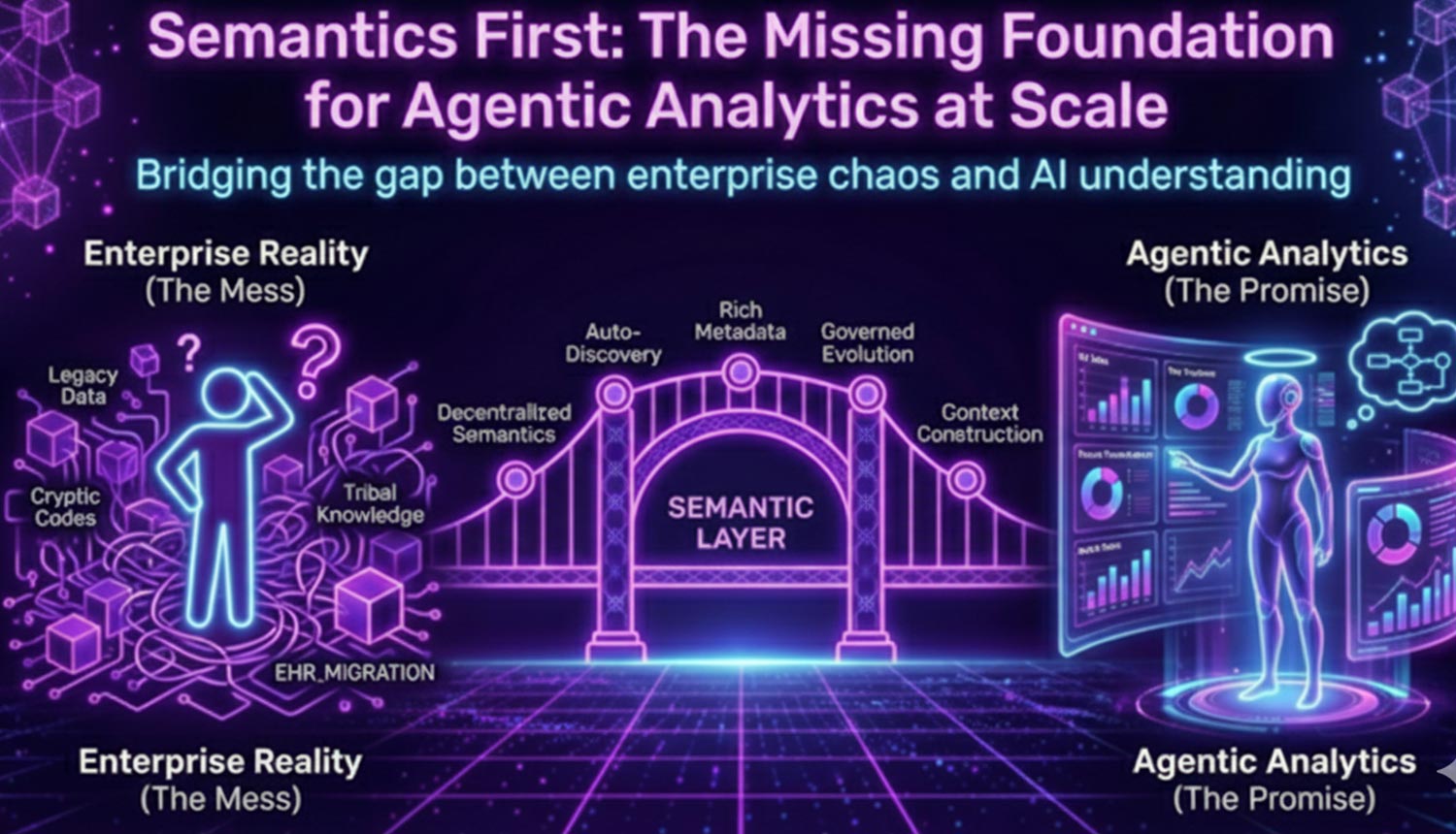 Diagram comparing autonomous agent architecture versus retrieval-first architecture for enterprise agentic analytics